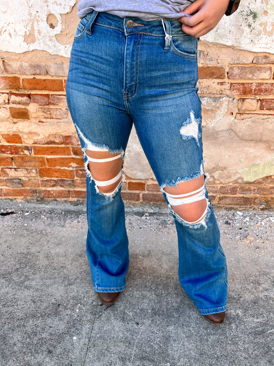 Willow High Rise Distress Super Flare Jeans-Mom Jeans-Cello-BIN D4, DAD, DAD JEANS, denim, denim jeans, distressed, distressed jeans, HIGH, HIGH RISE, high waist, high waisted, jeans, mom, mom jeans, SEPT2021-The Twisted Chandelier