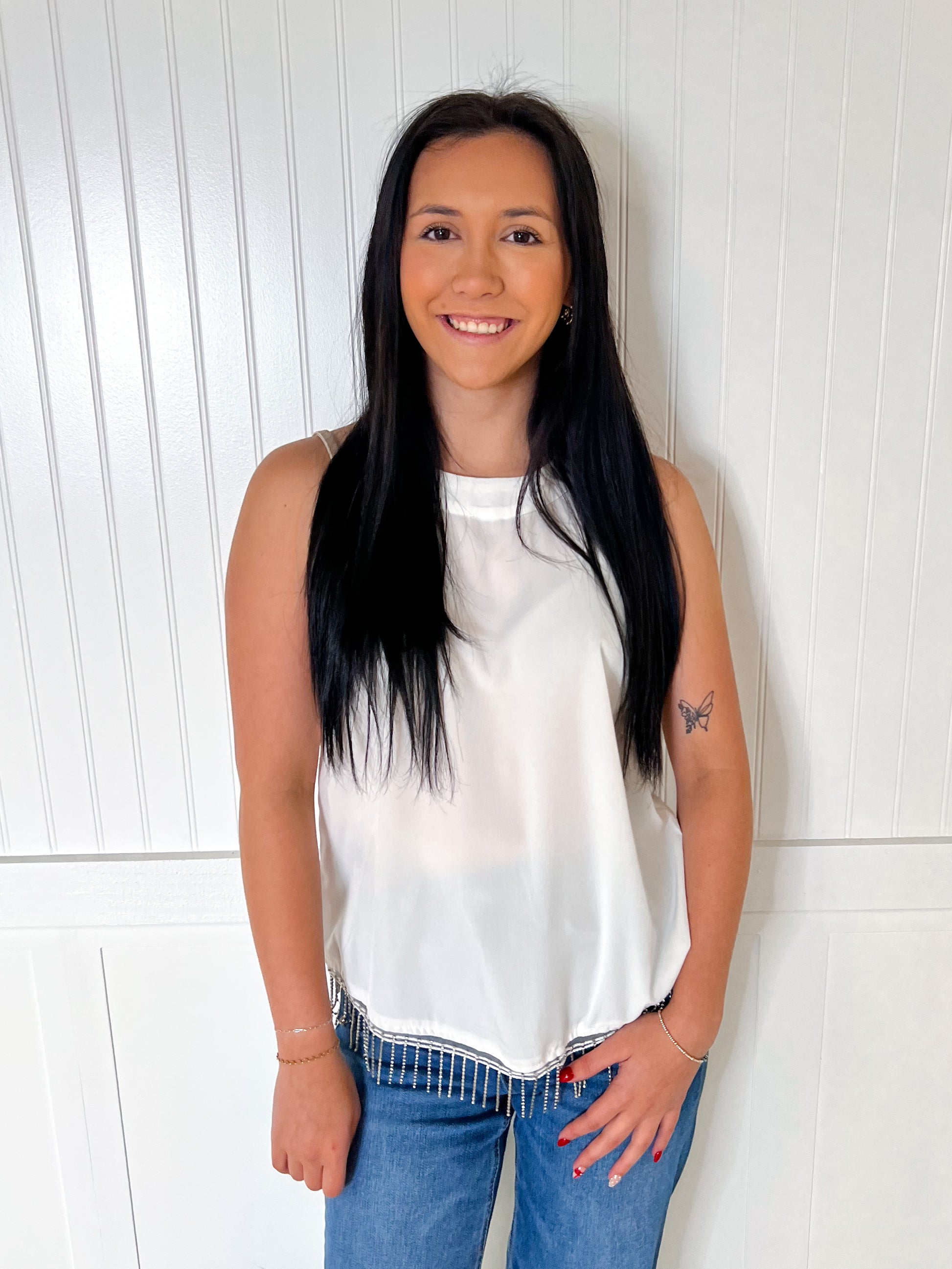 Maelani White Top With Rhinestone Fringe-Shirt-Southern Grace Wholesale-04/21/25,05/25/24,1st md,6/27/23,Max Retail,Tops Collection,western & concert-The Twisted Chandelier