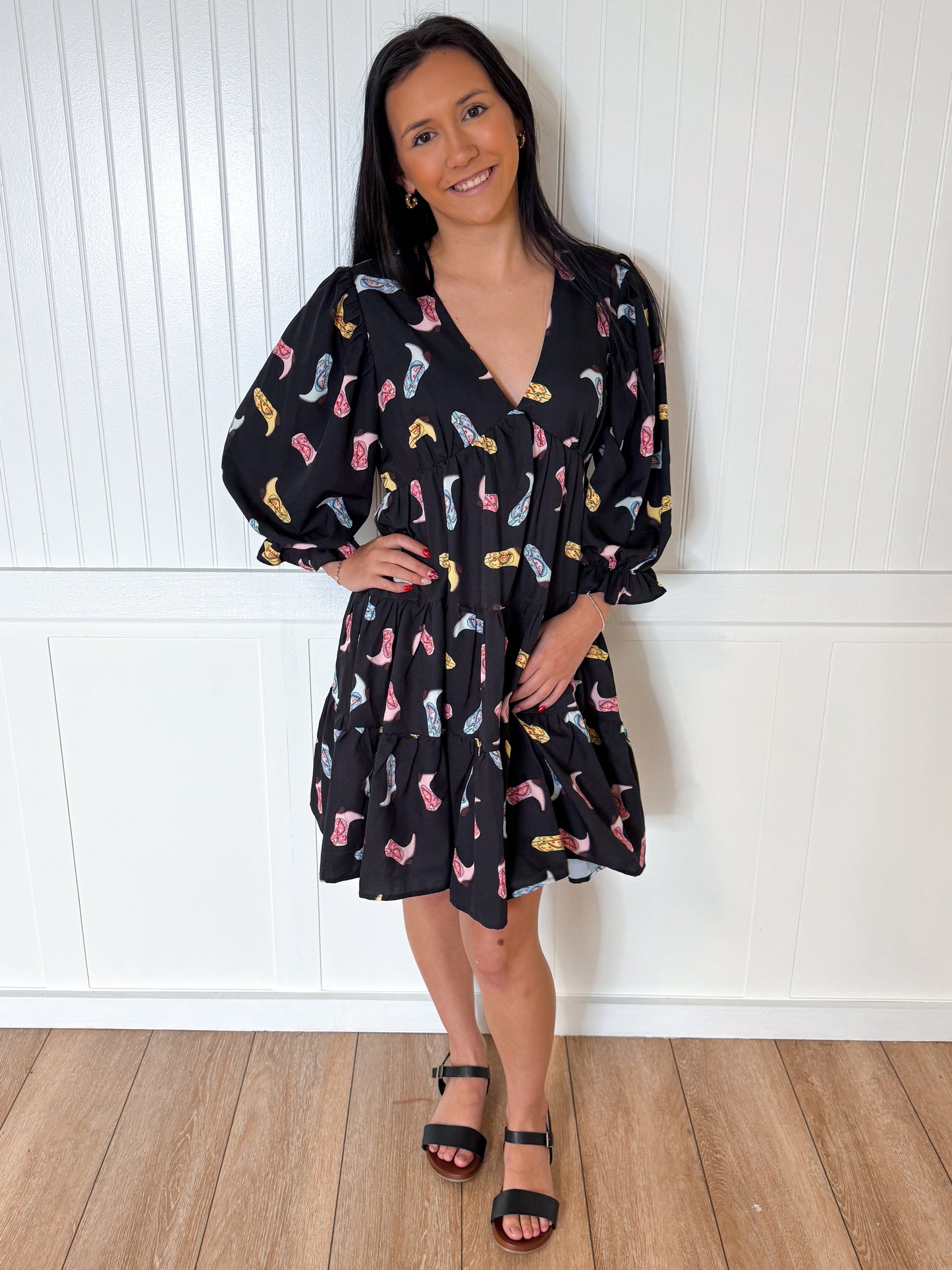 Alma Cowboy Boot Print Woven Dress-Dresses-She & Sky-09/03/24,1st md,Bin b2,DJR,FD 04/23/24,SY5861-The Twisted Chandelier