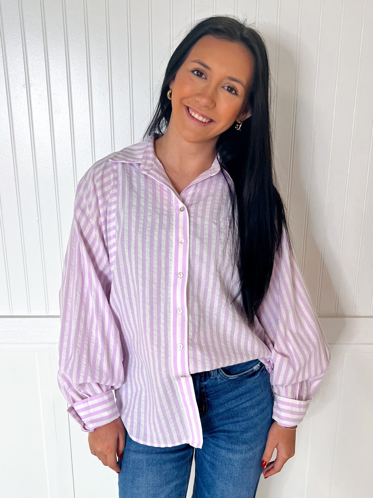 Blayne Button Down Cotton Lavender Striped Shirt-in february-05/14/25,1st md,BIN D3,FD 02/18/25,Tops Collection-The Twisted Chandelier