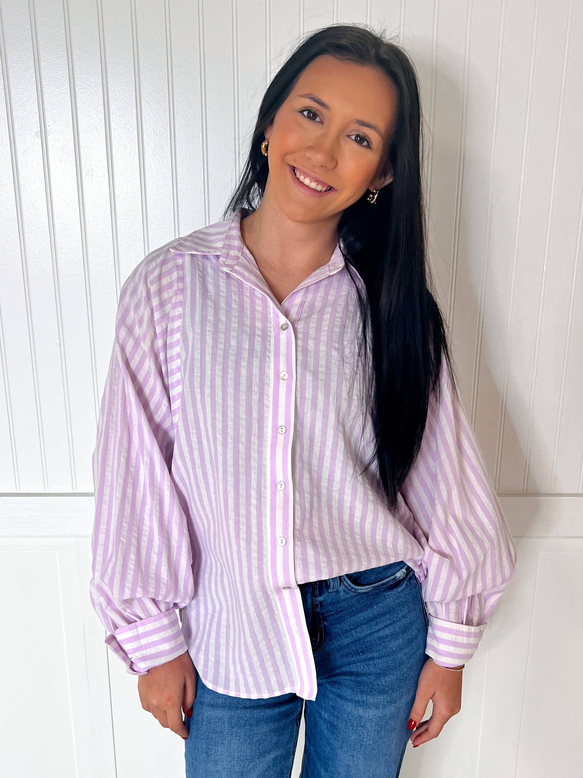 Blayne Button Down Cotton Lavender Striped Shirt-in february-05/14/25,1st md,BIN D3,FD 02/18/25,Tops Collection-The Twisted Chandelier