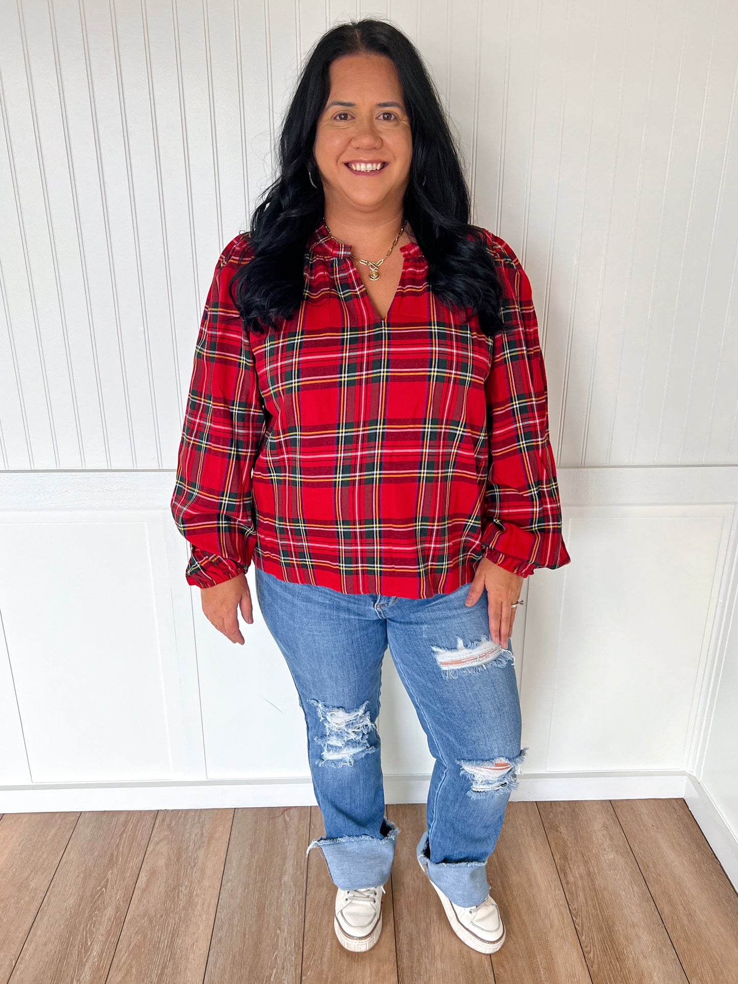 Clara Christmas Plaid Ruffled V-Neck Top with Balloon Sleeves-Blouse-BiBi-FD 11/6/25-The Twisted Chandelier
