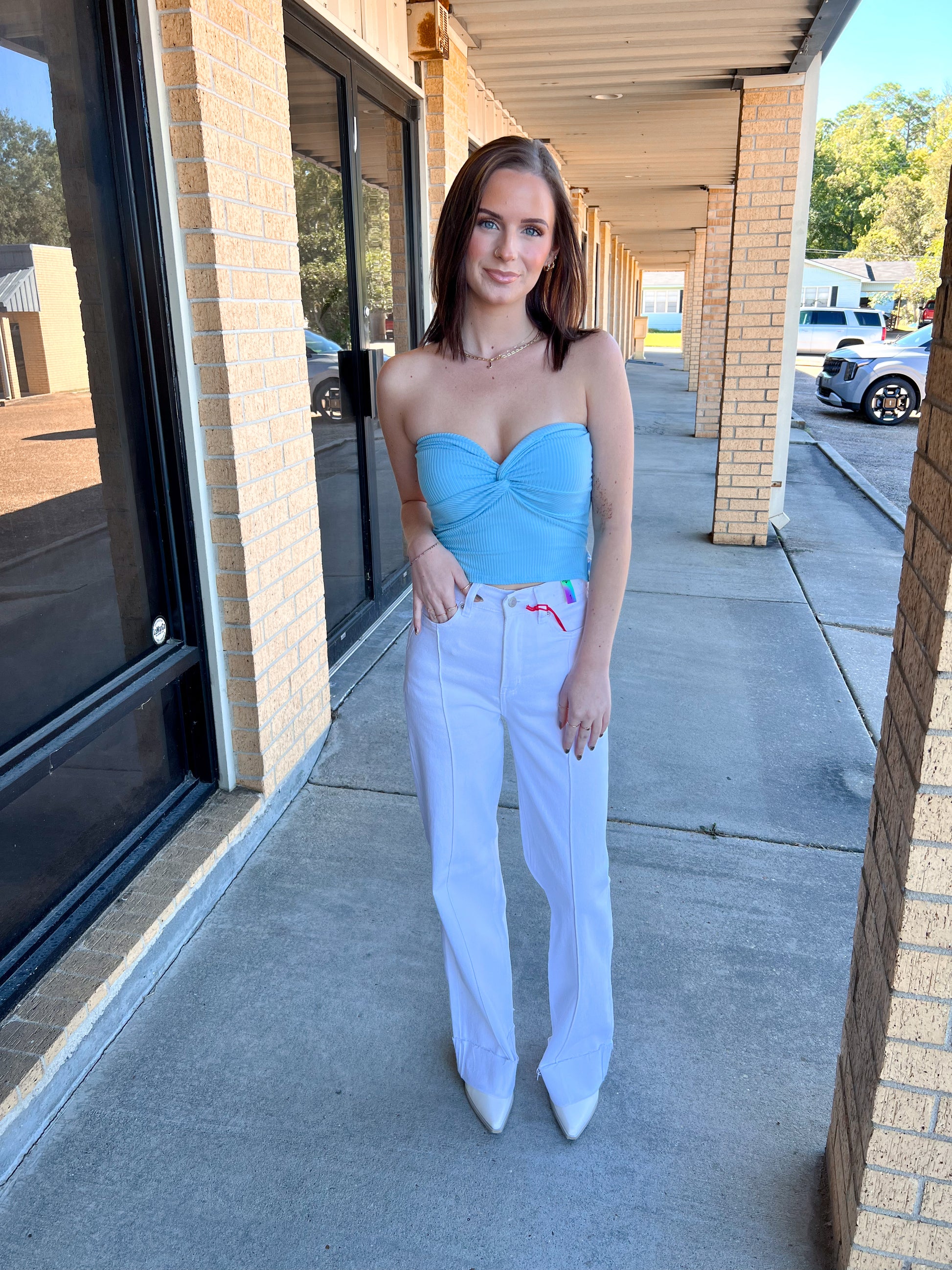 Anita Top Knot Crop Top -Blue-Apparel & Accessories-le lis-09/03/24,1st md,FD 04/30/24,KT6976-2,OGP 26.99,Tops Collection-The Twisted Chandelier