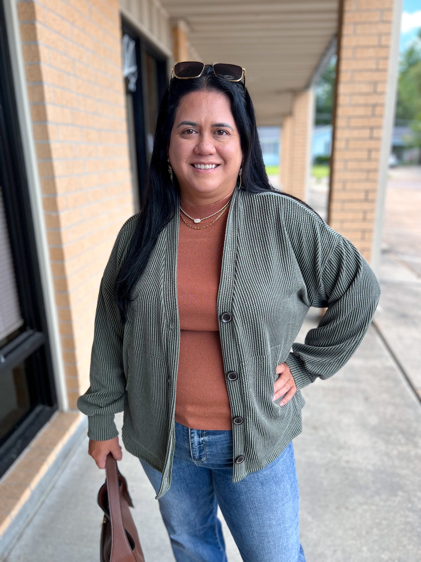 Kate Solid Rib Drop Shoulder Button Balloon Sleeve Cardigan - Olive-7th Ray-Bin a4,FD 09/22/25-The Twisted Chandelier