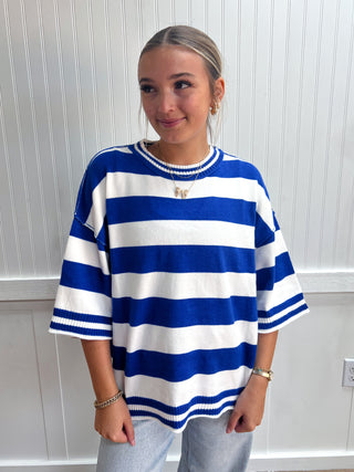 Baylor Stripe Knit Oversized Top - Blue