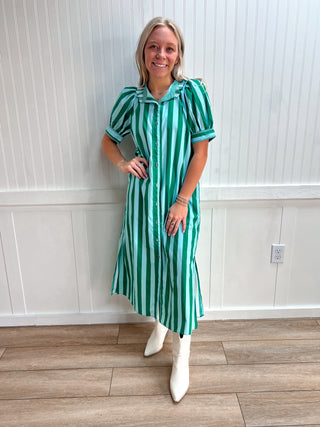 Charlotte Stripe Print Short Puff Sleeve Midi Dress-Dress-ENTRO-DJR,FD 04/20/26,OGP $72.99 5/28/26-The Twisted Chandelier