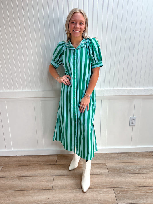 Charlotte Stripe Print Short Puff Sleeve Midi Dress