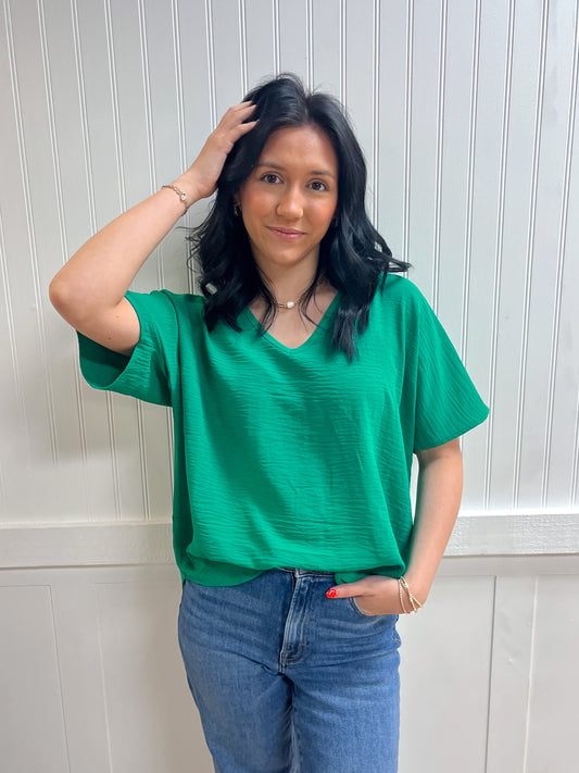 Brynn Woven Airflow V-Neck Short Sleeve Top - Kelly Green-ZENANA-Tops Collection-The Twisted Chandelier