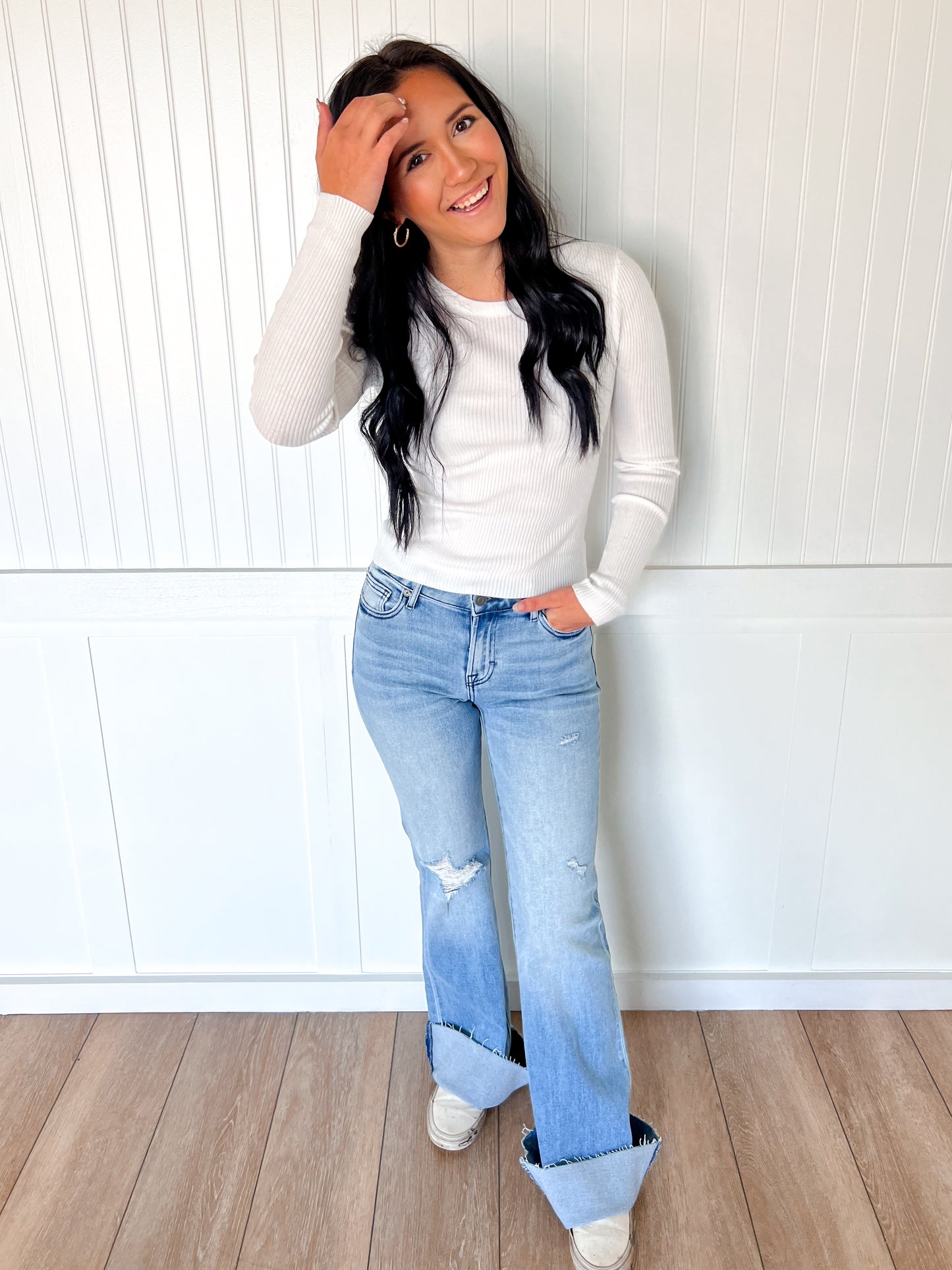 Coraline Long Sleeve Crew Neck Viscose Rib Sweater - Off White-Active Basic | Active USA-Tops Collection-The Twisted Chandelier