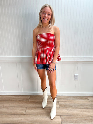 Palmer Checkered Strapless Peplum Top-Shirts & Tops-ENTRO-FD 04/20/26,RWB,Tops Collection-The Twisted Chandelier