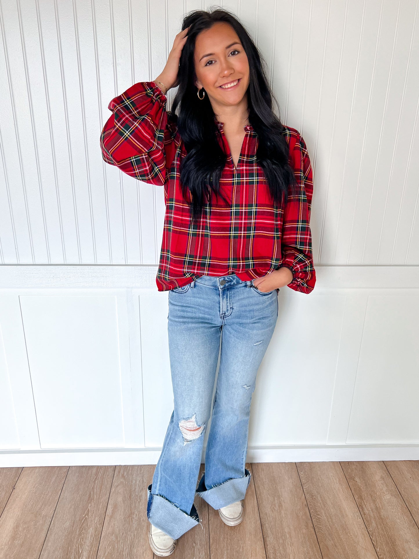 Clara Christmas Plaid Ruffled V-Neck Top with Balloon Sleeves-Blouse-BiBi-FD 11/6/25-The Twisted Chandelier