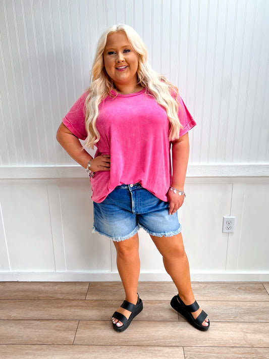 Ryland Washed Ribbed Cuffed Short Sleeve Round Neck Top Plus - Fuschia-Top-Zenana-FD 05/26/26,Tops Collection-The Twisted Chandelier