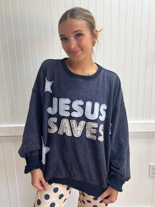 Jesus Saves Patchwork Crew Neck Sweatshirt