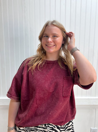 Estelle French Terry Acid Washed Exposed Seam T-Shirt - Cabernet-Top-ZENANA-FD 07/24/26,Restocked 07/31/26,Tops Collection-The Twisted Chandelier