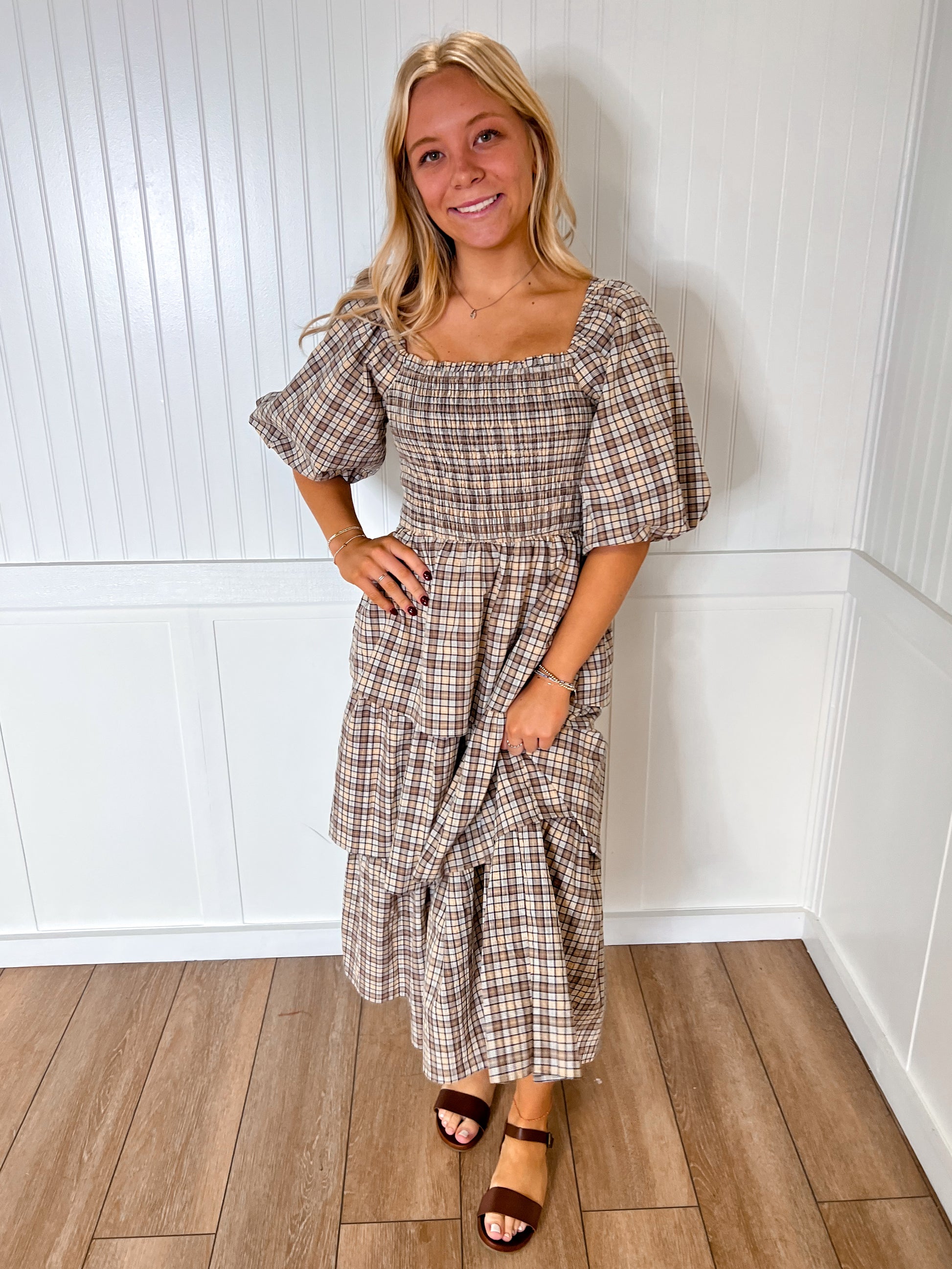 Charlotte Crinkled Plaid Smocked Top Midi Dress-Oddi-Bin B3,DJR,OGP 71.99-The Twisted Chandelier