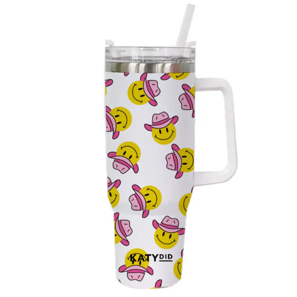 Cowboy Happy Face Western Travel Tumbler with Handle-Tumbler-KATYDID-KDC-TUMB-04_PCH-The Twisted Chandelier