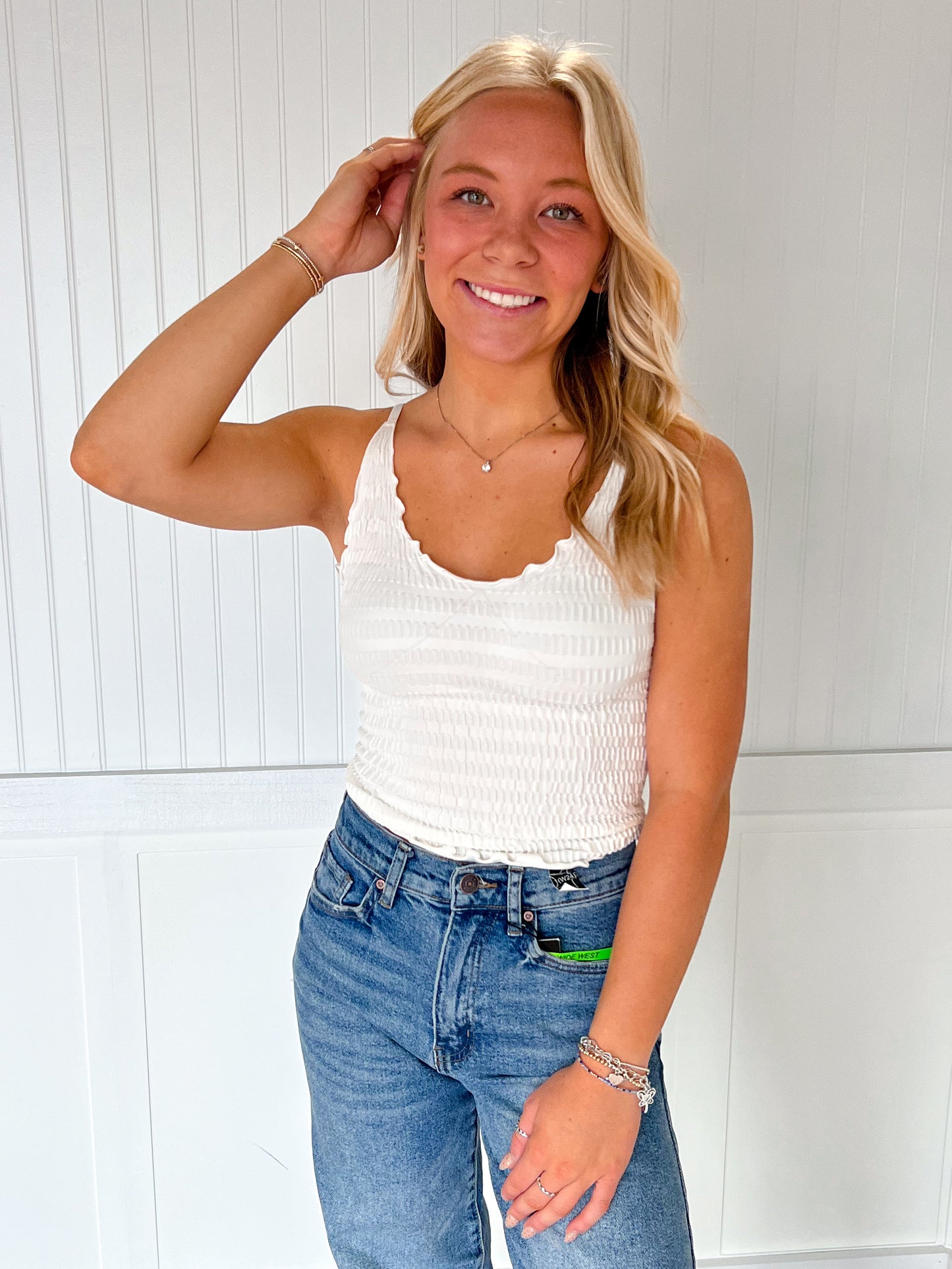 Saylor Lettuce Hem Stretchy Knit Sleeveless Top - White-VERY J-Bin B5,FD 6/24/25,Tops Collection-The Twisted Chandelier