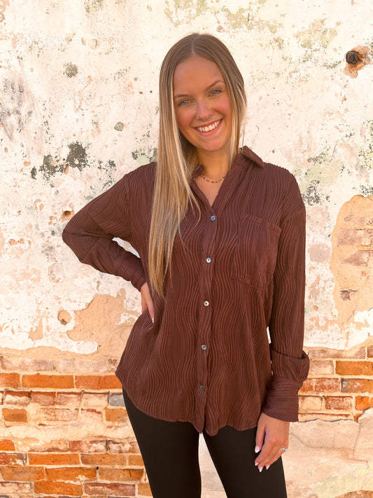 Bella Solid Textured Long Sleeve Button Up Top - Chocolate-TOP-Entro-bin c3-The Twisted Chandelier