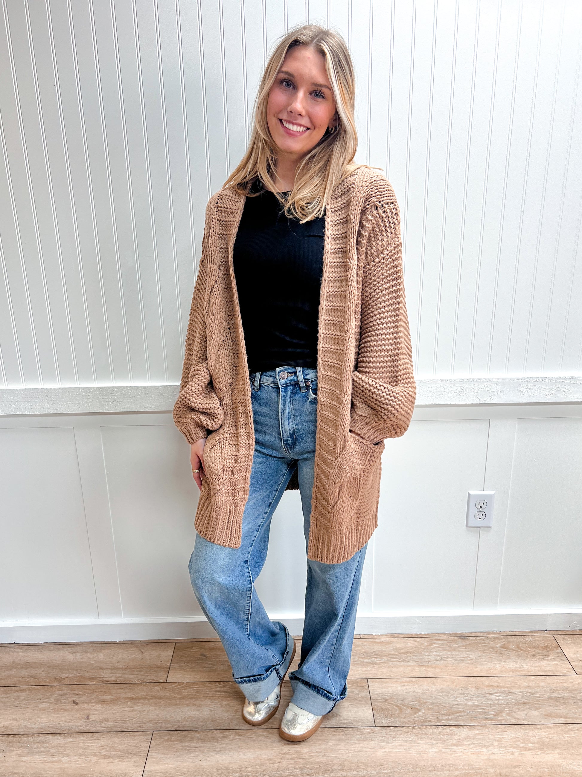 Camille Chunky Cable Lantern Sleeve Cardigan-Bluivy-The Twisted Chandelier