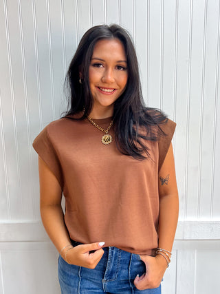 Cora Solid Round Neck Cap Sleeve Top - Mocha