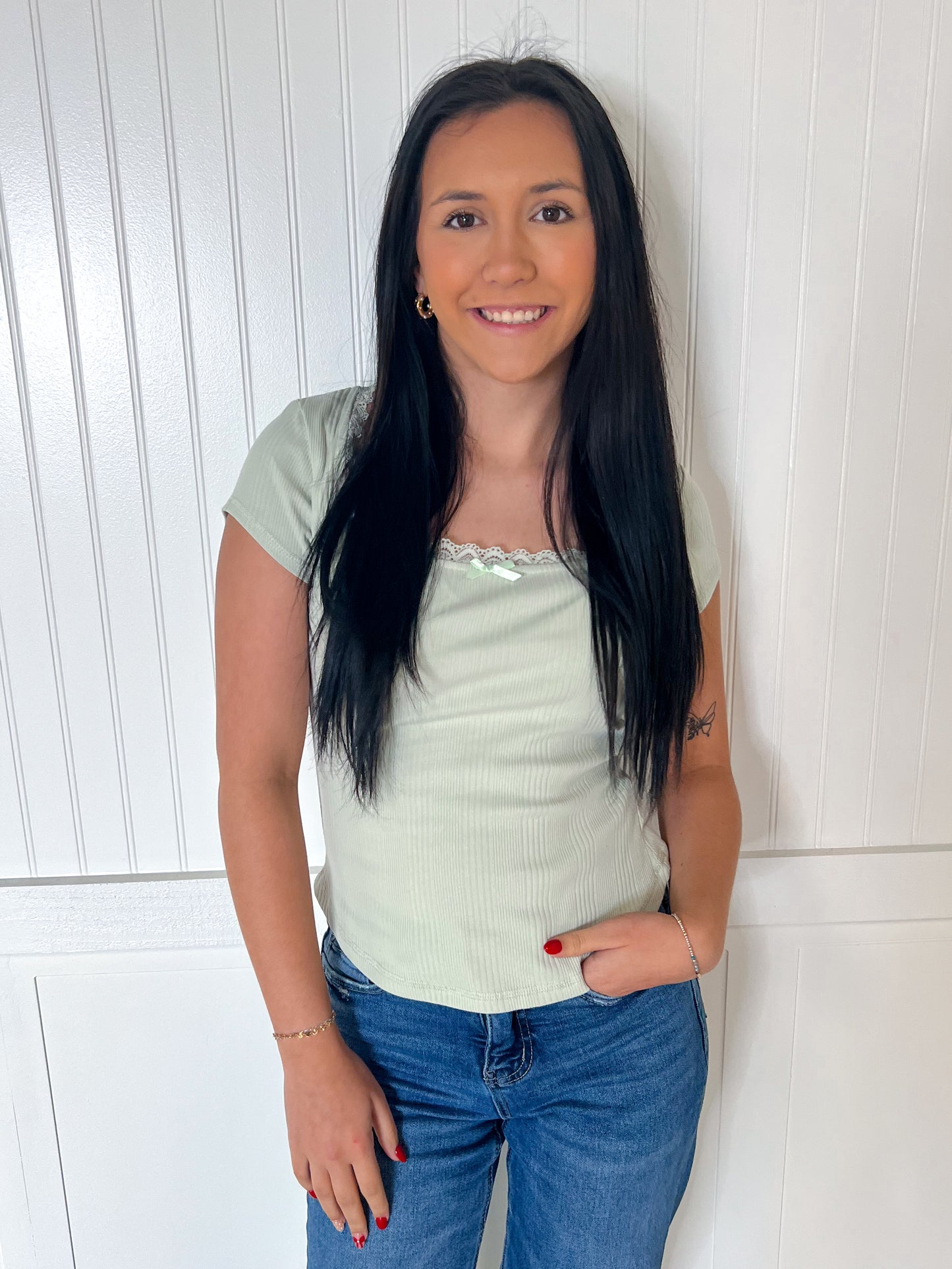 Maven Lace & Bow Trim Ribbed Knit Top - Sage-VERY J-Bin B4,FD 07/29/25,OGP 32.50,Tops Collection-The Twisted Chandelier