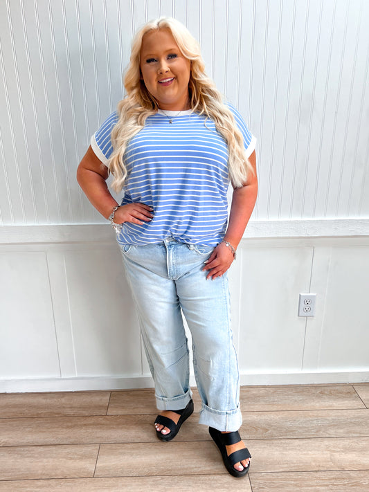 Carly Contrast Trim Cap Sleeve Stripe Tee - Plus-Top-Zenana-FD 05/26/26,Tops Collection-The Twisted Chandelier