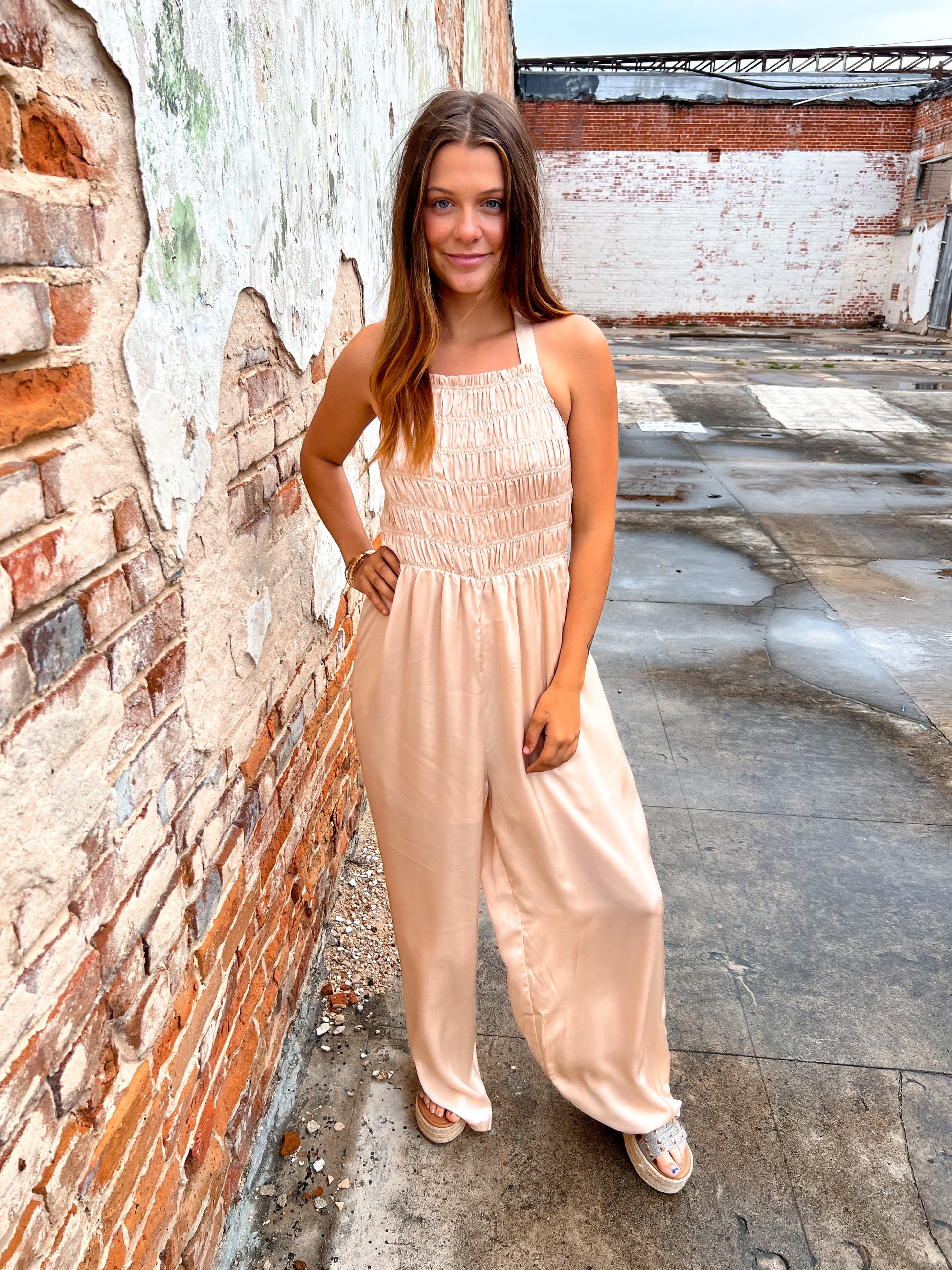 Davina Halter Neck Tie Closure Smocked Jumpsuit-Jumpsuits & Rompers-Davi & Dani-Bin b2, DR30073-The Twisted Chandelier