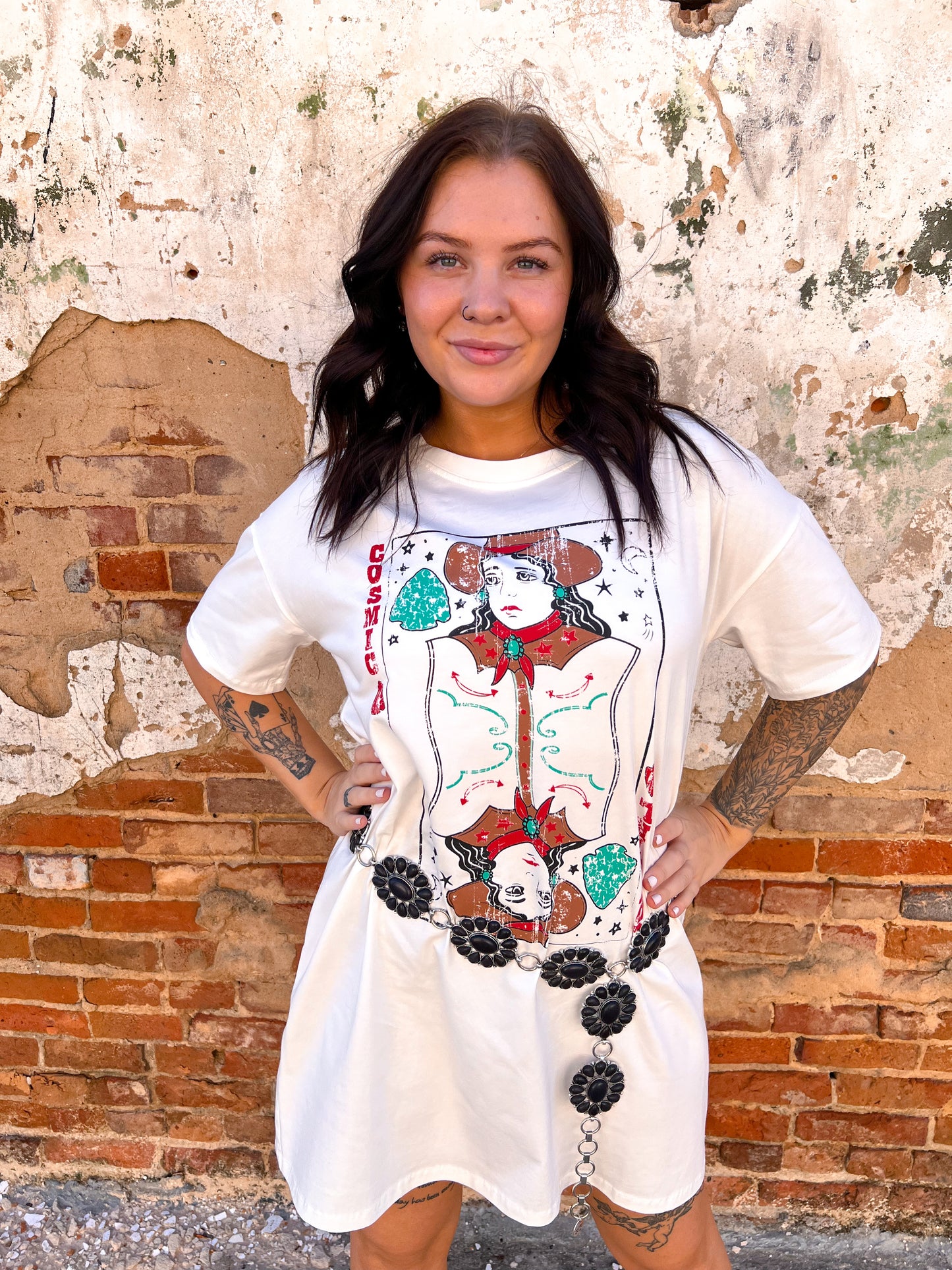 Cosmic Cowgirl On White Tee-Dress-Southern Grace Wholesale-8/8/23, BIN B4, Max Retail-The Twisted Chandelier