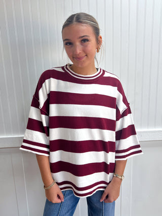 Baylor Stripe Knit Oversized Top - Maroon