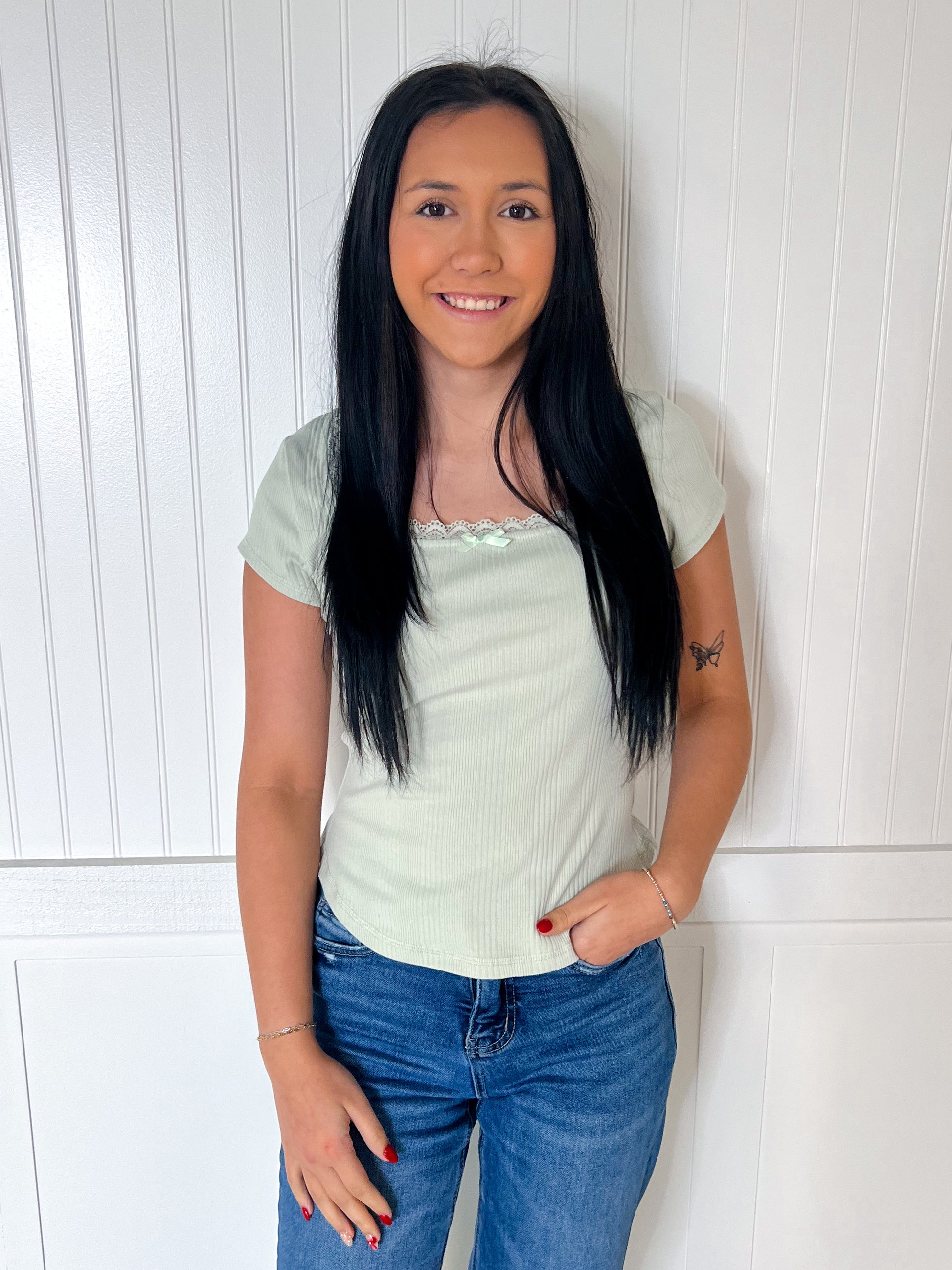 Maven Lace & Bow Trim Ribbed Knit Top - Sage-VERY J-Bin B4,FD 07/29/25,OGP 32.50,Tops Collection-The Twisted Chandelier