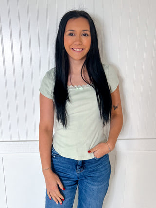 Maven Lace & Bow Trim Ribbed Knit Top - Sage-VERY J-Bin B4,FD 07/29/25,OGP 32.50,Tops Collection-The Twisted Chandelier