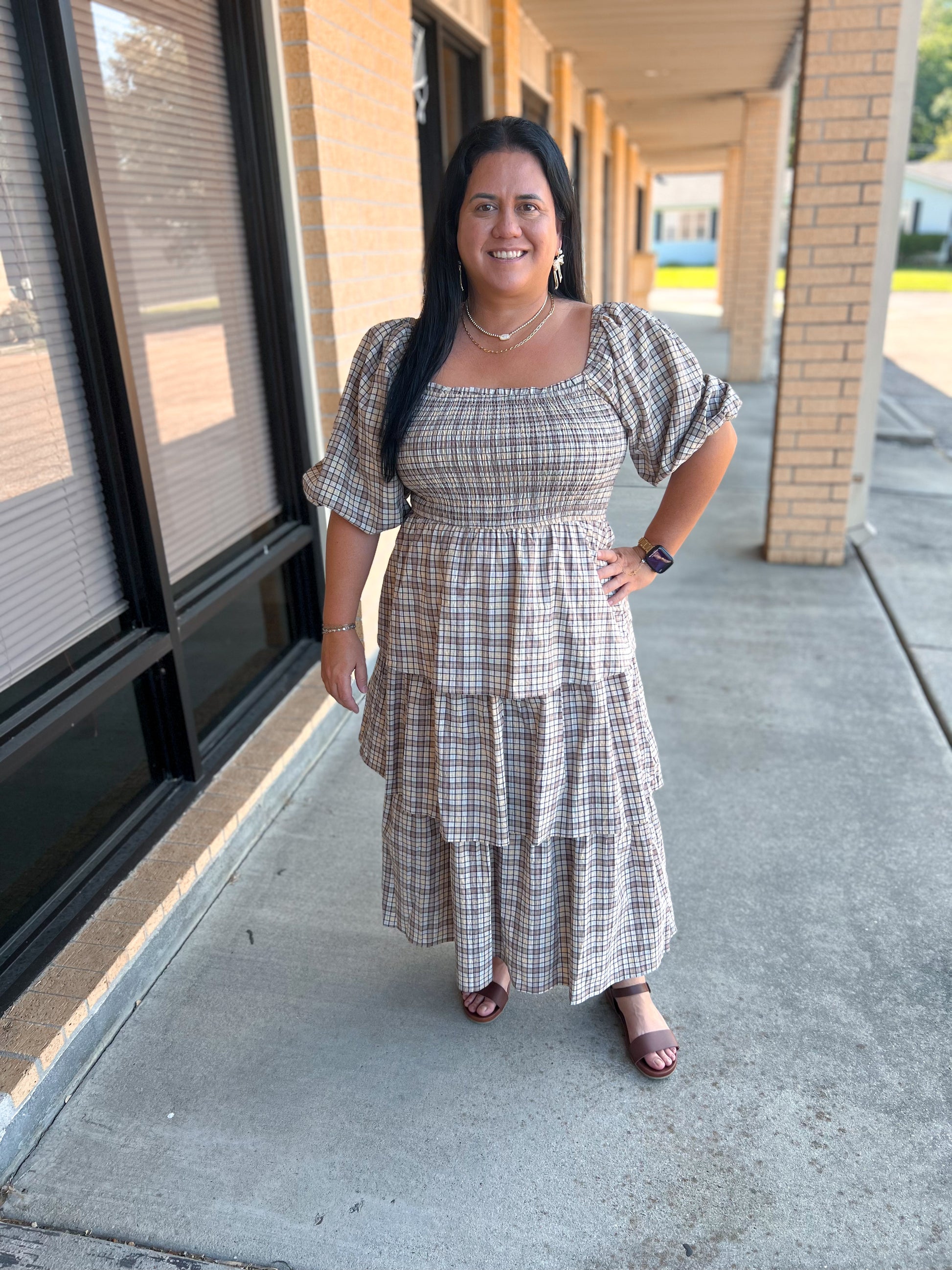 Charlotte Crinkled Plaid Smocked Top Midi Dress-Oddi-Bin B3,DJR-The Twisted Chandelier