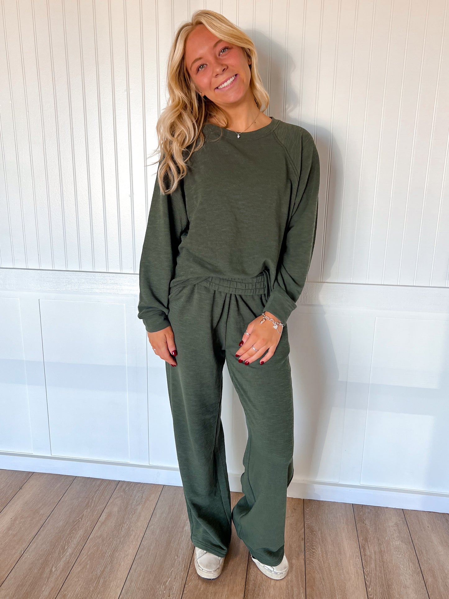 Sally Long Sleeve Top and Pant Set - Dark Olive-Zenana-The Twisted Chandelier