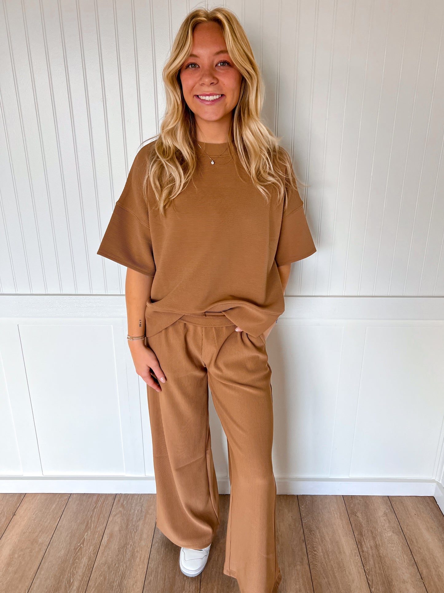 Jovie Ribbed Round Neck Tee & Pants Set – Soft Knit Two-Piece Lounge Outfit - Deep Camel-Outfit Sets-Zenana-FD 11/6/25-The Twisted Chandelier