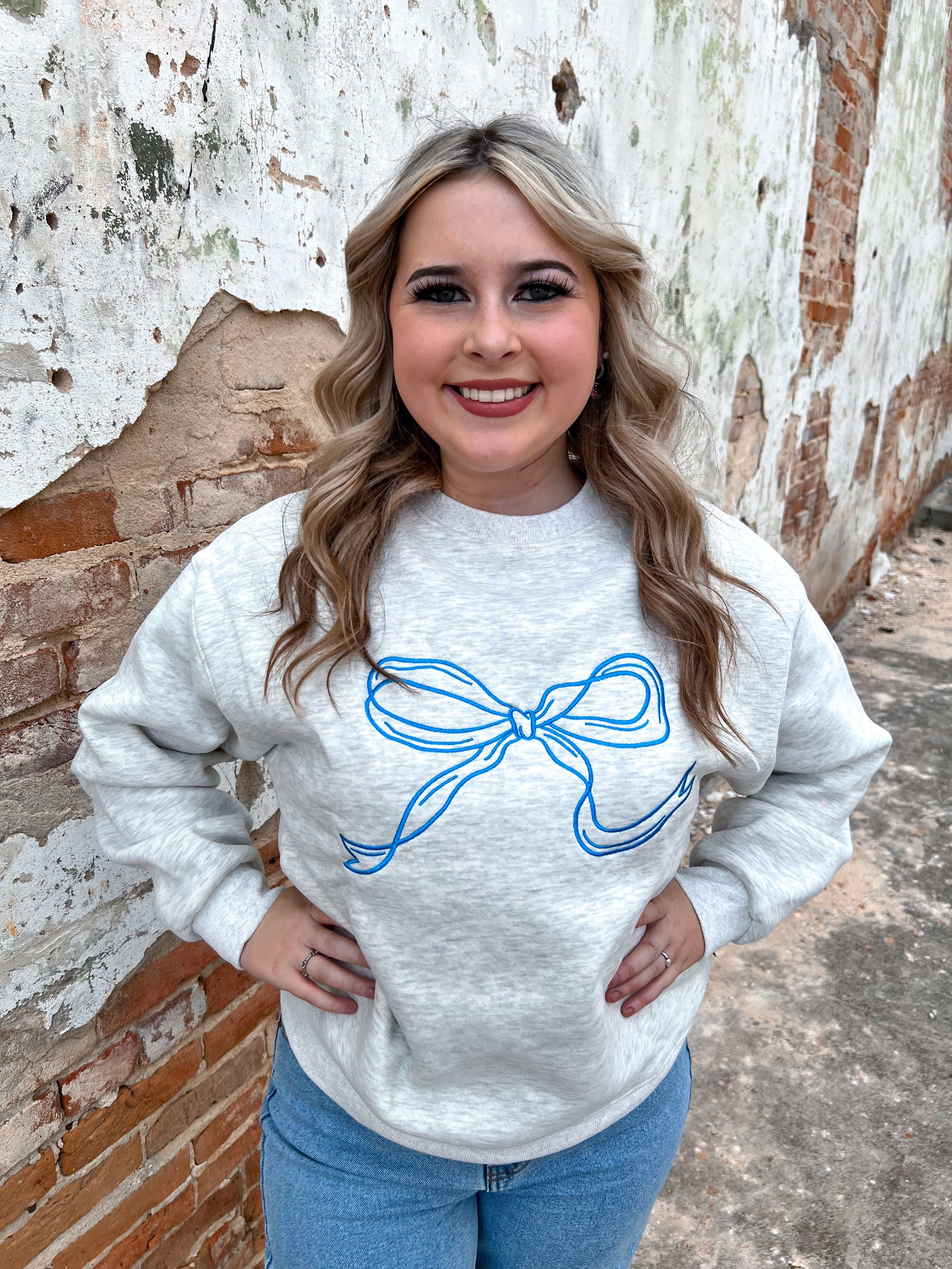 Put a Bow On It Embroidered Sweatshirt-Sweatshirt-Bailey Rose-BIN B4, CR 08/15/24, FD 09/03/24, Tops Collection-The Twisted Chandelier