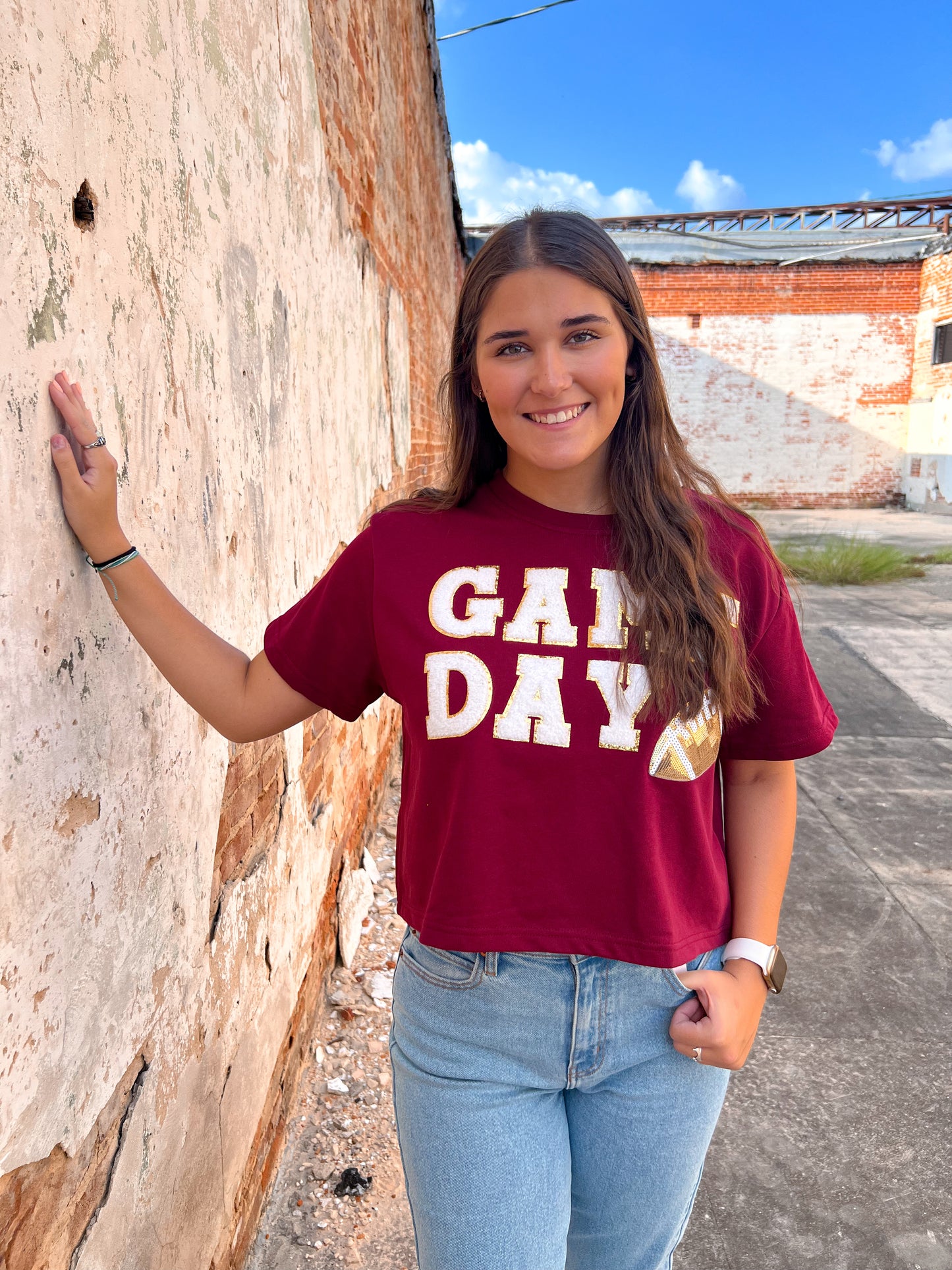 Game Day Football Patch Top-BLOUSE TOP-She & Sky-10/11/24, 1st md, bin c3, gameday, SY6735-The Twisted Chandelier