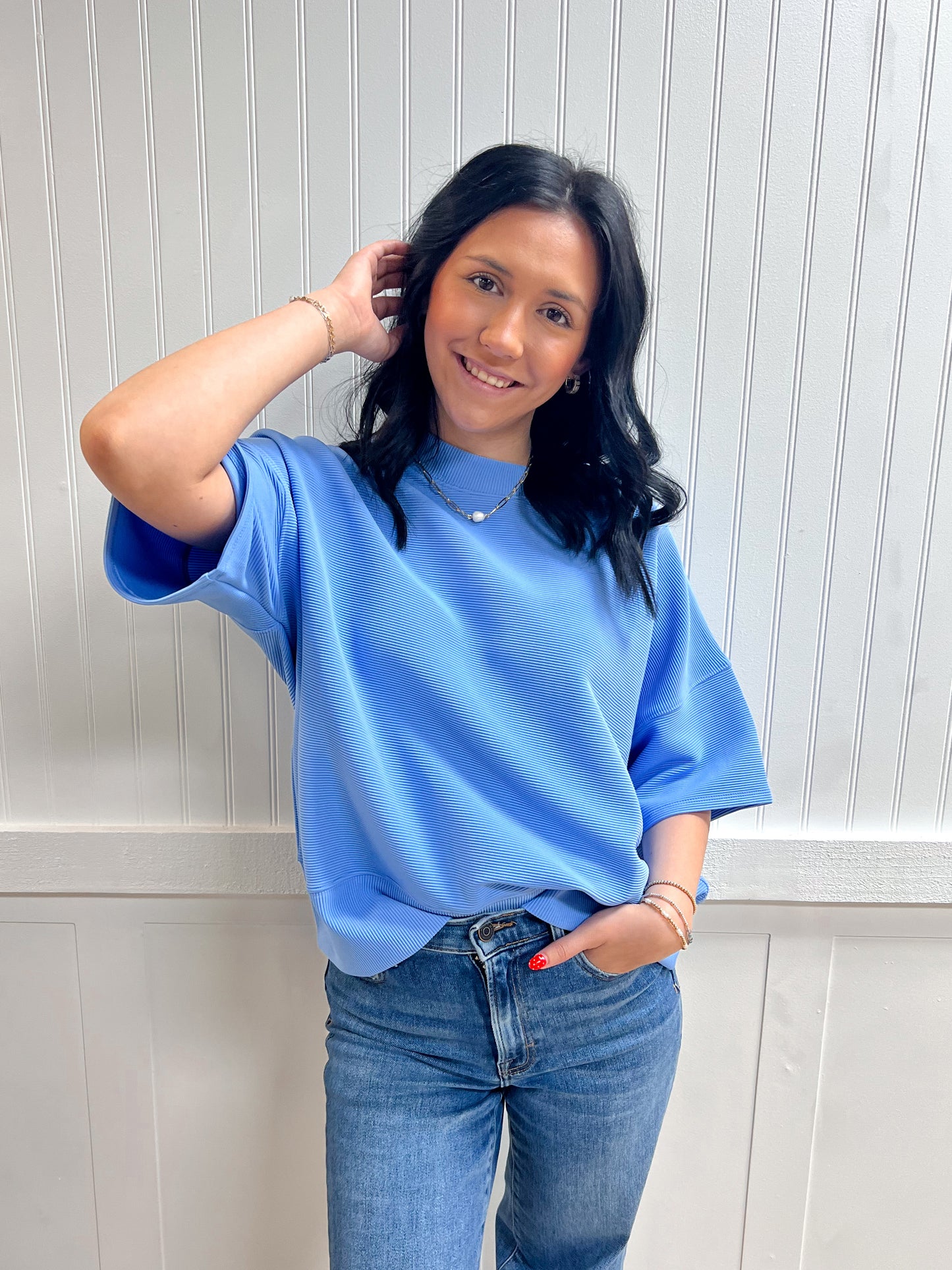 Kinsley Ribbed Round Neck Waist Banded Tee Shirts - Cornflower Blue-Zenana-FD 03/12/26,Tops Collection-The Twisted Chandelier