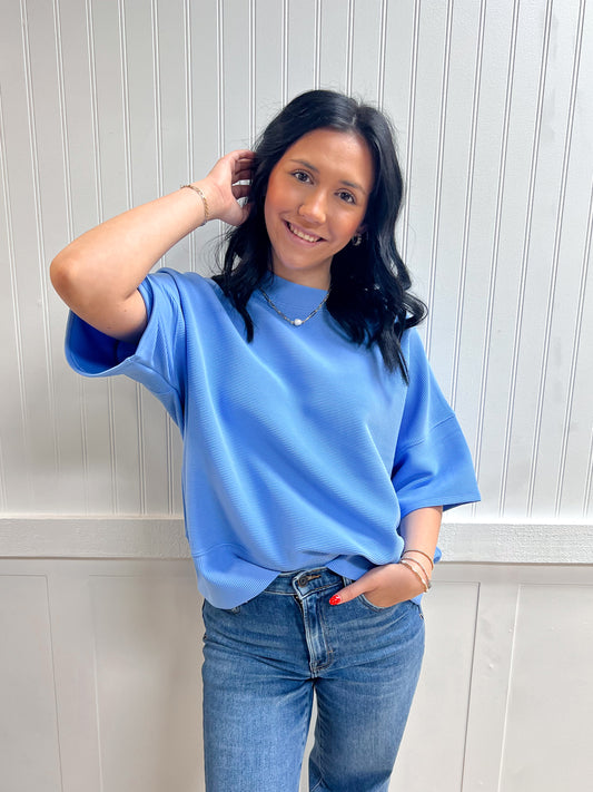 Kinsley Ribbed Round Neck Waist Banded Tee Shirts - Cornflower Blue-Zenana-Tops Collection-The Twisted Chandelier