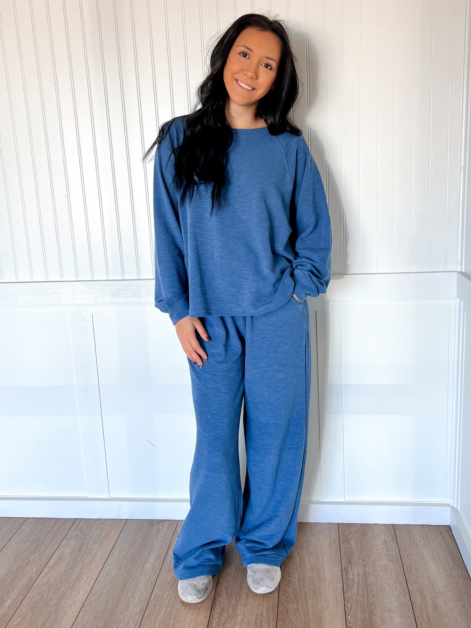 Sally Long Sleeve Top and Pant Set - Dusty Blue-Zenana-The Twisted Chandelier