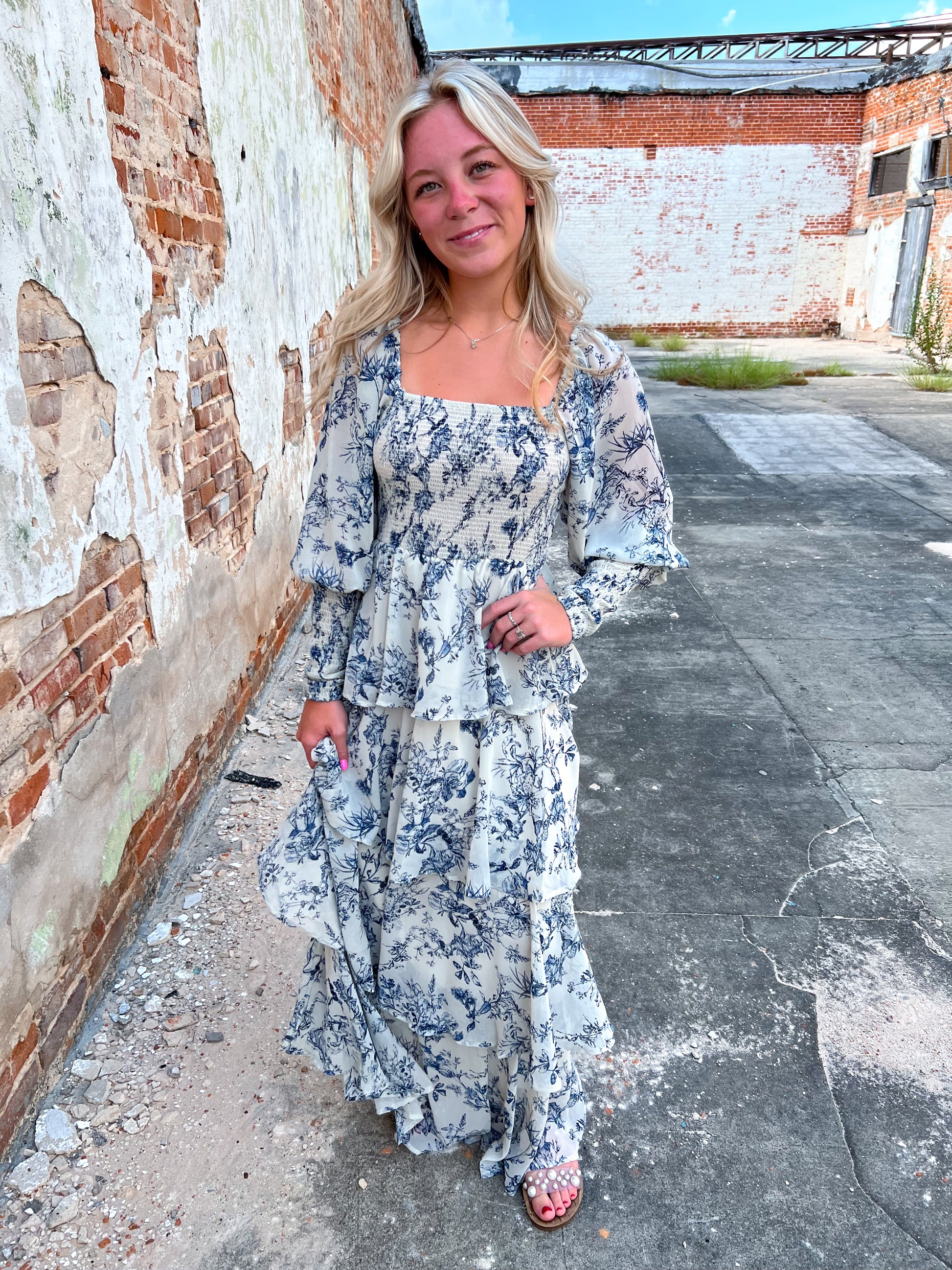 Josephine Floral China Print Long Sleeve Tiered Maxi Dress-Maxi Dress-Entro-Bin d5, CR 08/21/24-The Twisted Chandelier