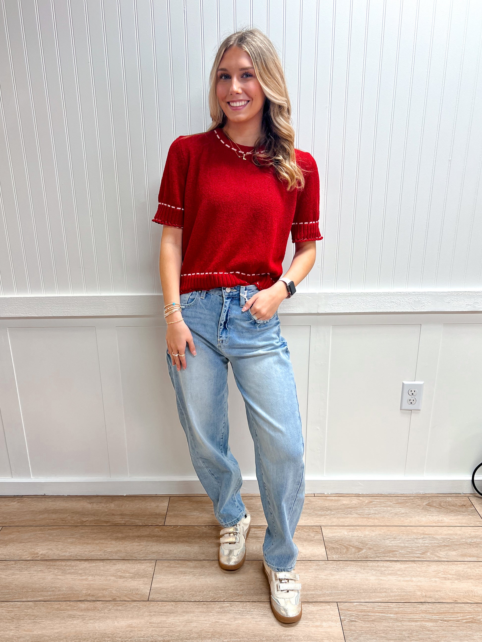 Josie Short Sleeve Round Neck Sweater with Contrast Color Stitch-Active Basic | Active USA-FD 02/03/26,Tops Collection-The Twisted Chandelier