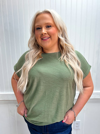 Addie Slub Cuffed Sleeve Tee - Plus - Olive-Top-ZENANA-NewArrival,Tops Collection-The Twisted Chandelier