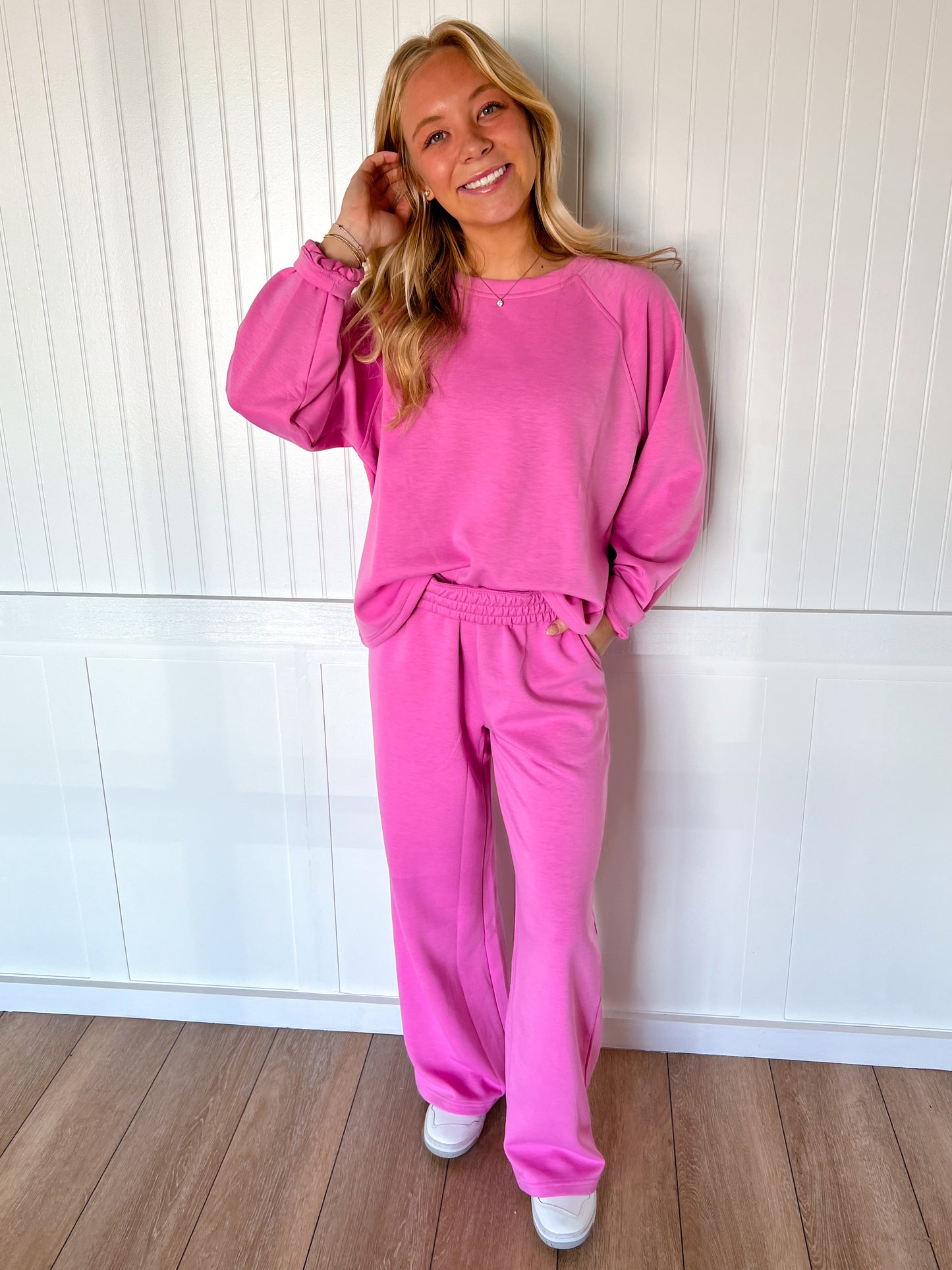 Tessa Scuba Crewneck Pullover & Pants 2-Piece Lounge Set – Soft Stretch Matching Set - Pink-Outfit Sets-Zenana-FD 11/6/25-The Twisted Chandelier