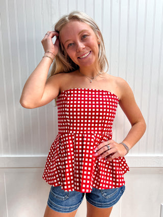 Palmer Checkered Strapless Peplum Top-Shirts & Tops-ENTRO-FD 04/20/26,RWB,Tops Collection-The Twisted Chandelier