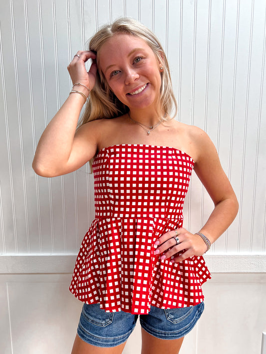 Palmer Checkered Strapless Peplum Top