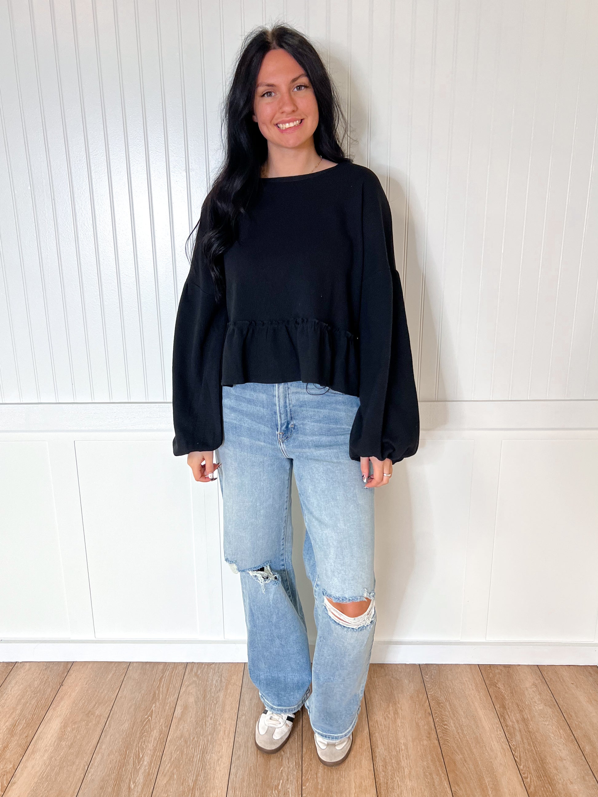 Halston Waffle Top - Black-BLOUSE TOP-Southern Grace Wholesale-Max Retail,Tops Collection-The Twisted Chandelier