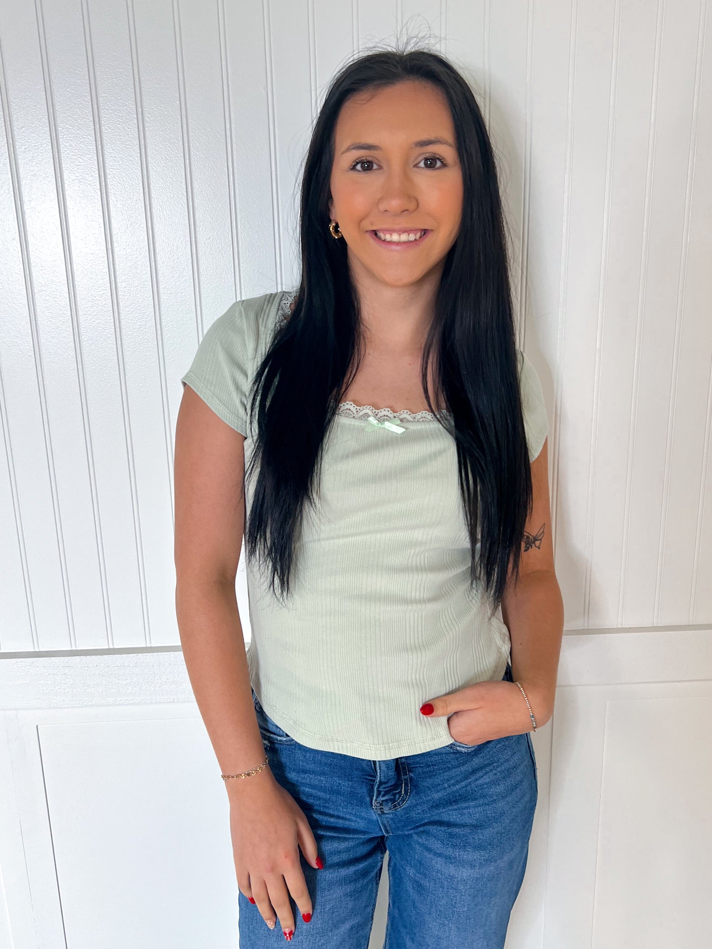 Maven Lace & Bow Trim Ribbed Knit Top - Sage-VERY J-Bin B4,FD 07/29/25,OGP 32.50,Tops Collection-The Twisted Chandelier