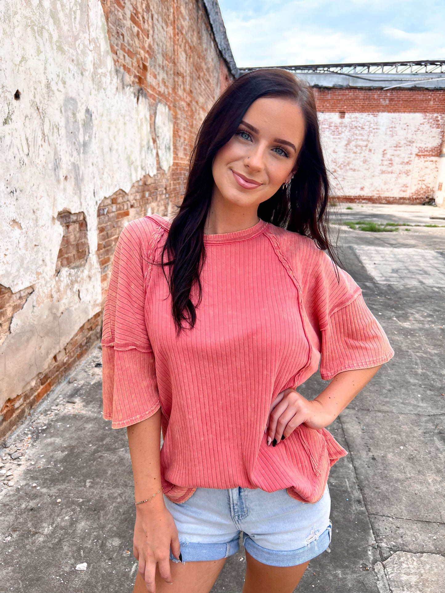 Cassie Mineral Washed Oversized Ribbed Knit Casual Top - Coral-VERY J-Bin d2,FD 06/10/25-The Twisted Chandelier