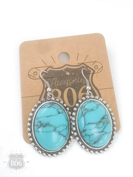 Silver Oval Earrings with Turquoise Stones-Earrings-806 Accessories-Created - 01/15/24-The Twisted Chandelier
