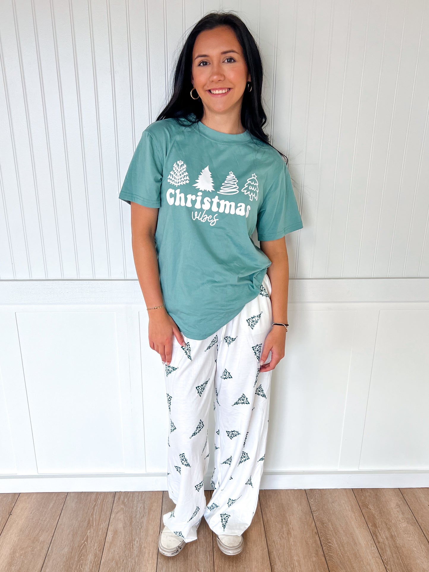 Christmas Pajamas Tree Printed Tee and Pants Lounge Set-fashionworks-Christmas tote ct1,FD 12/03/24-The Twisted Chandelier